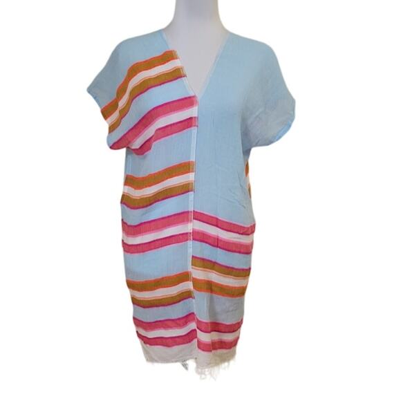 Striped V-Neck‎ Short Sleeve Fringed Swim Cover Up Summer Vacation Beach - M - Picture 1 of 5